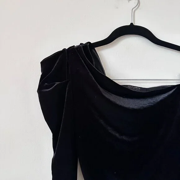 AllSaints Daphne Black Velvet One Shoulder Bodysuit Size 6